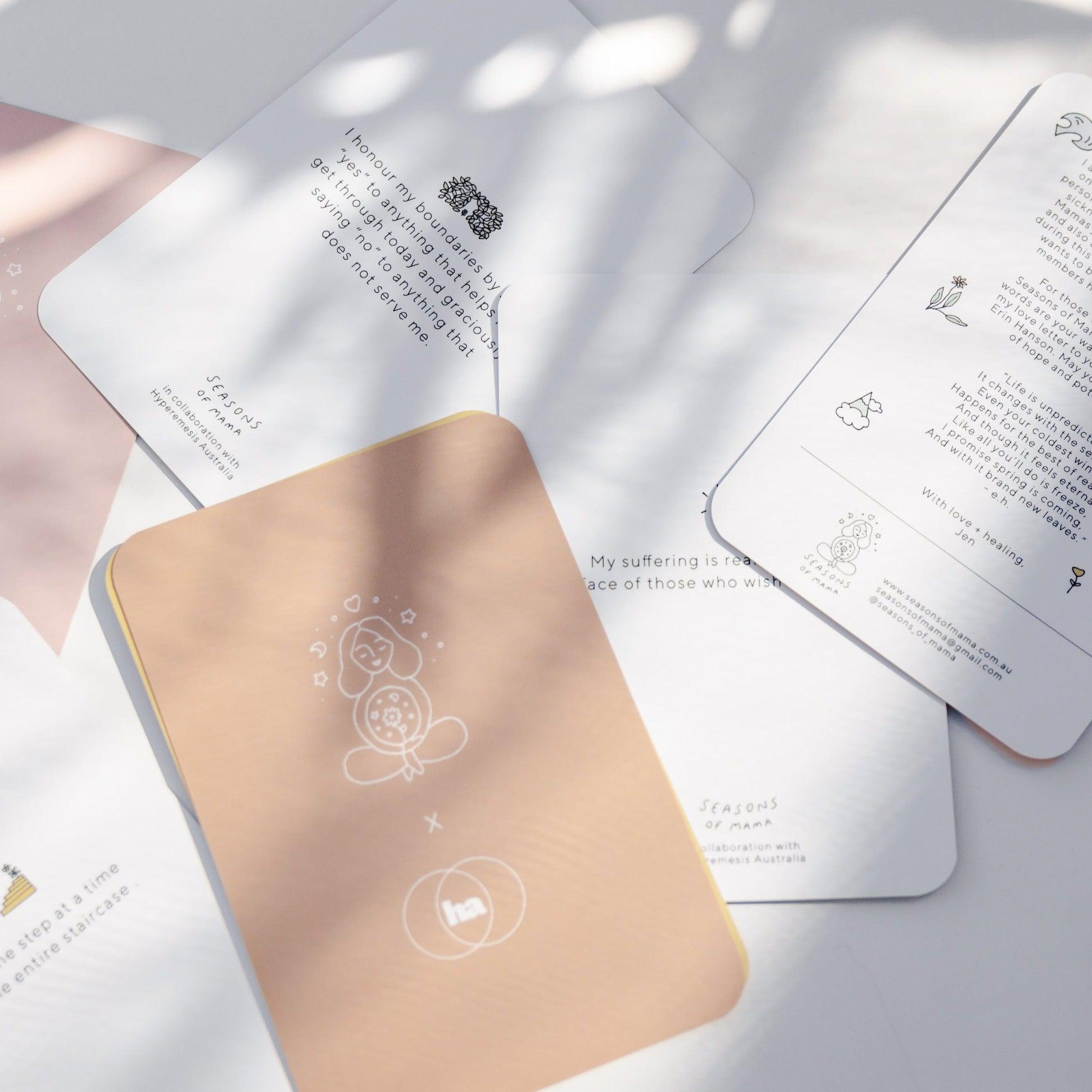 A collection of beautifully designed Hyperemesis Pregnancy Affirmation Cards from the brand Seasons of Mama.