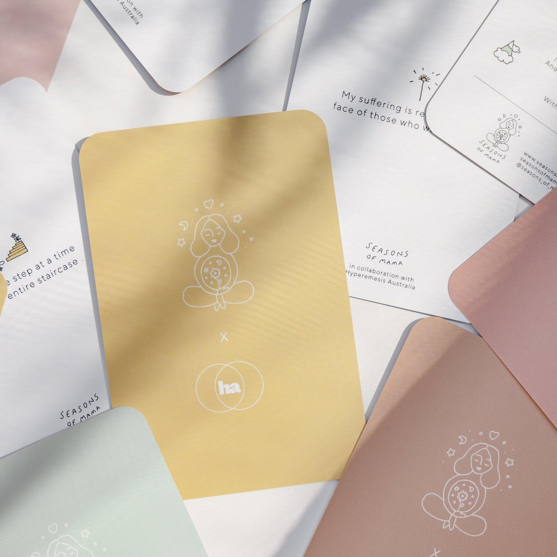 A collection of birth affirmations cards featuring different designs from Seasons of Mama for Hyperemesis Australia.