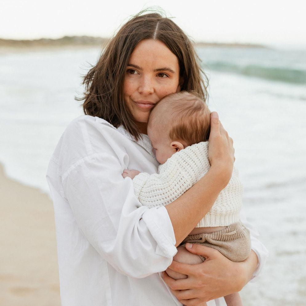 The Zoa knit is lovingly handmade using a loom which is a tool that is guided by the hand. 100% soft cotton, teardrop fastening at back with wood button. Good amount of stretch, considered true to size described as more ‘fitted’.